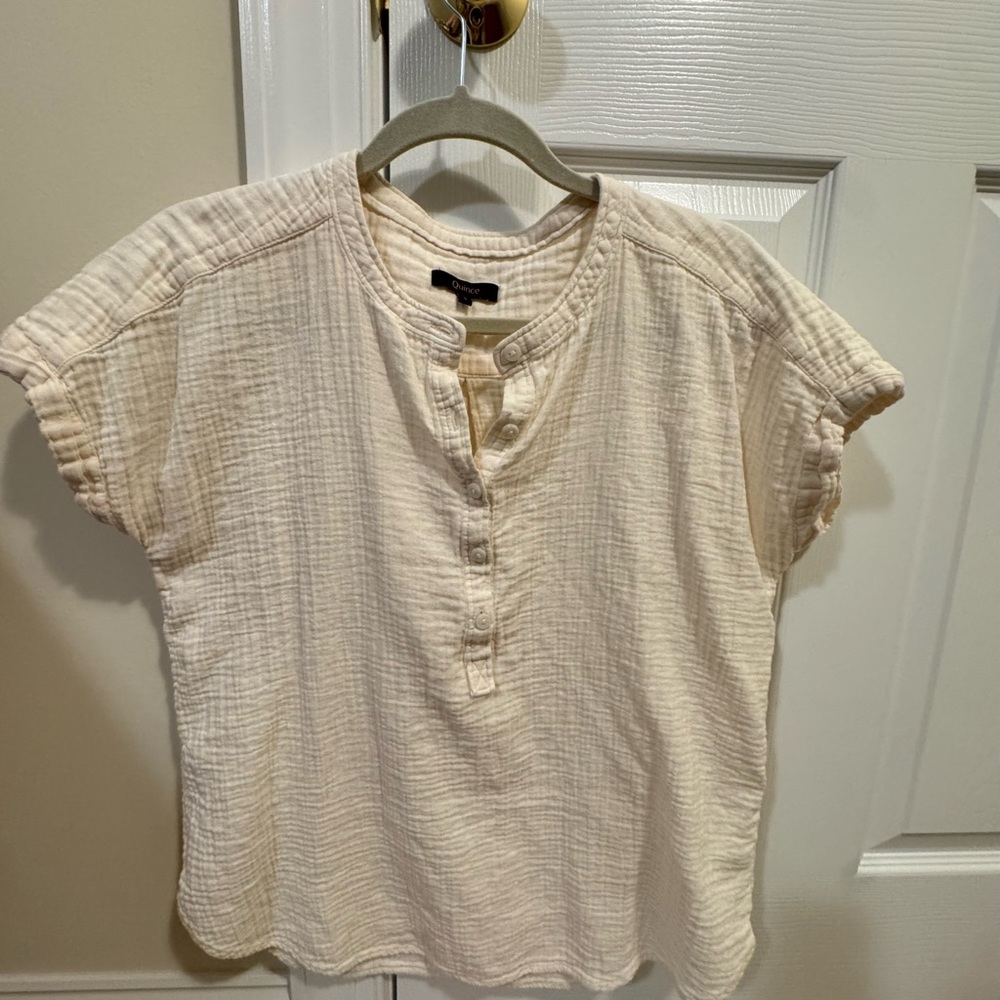 Quince Organic Cotton Gauze Top Cream Short Sleeve Blouse Size S